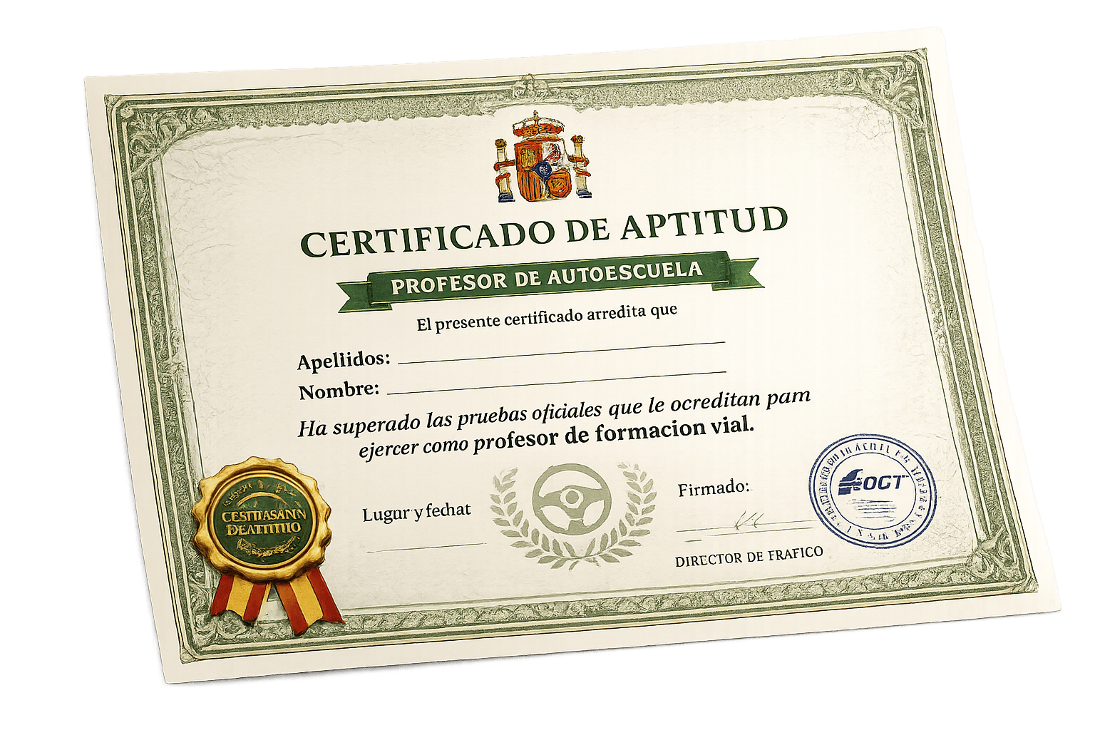certificado de aptitud para ser director de autoescuela oficial DGT tamaño tarjeta